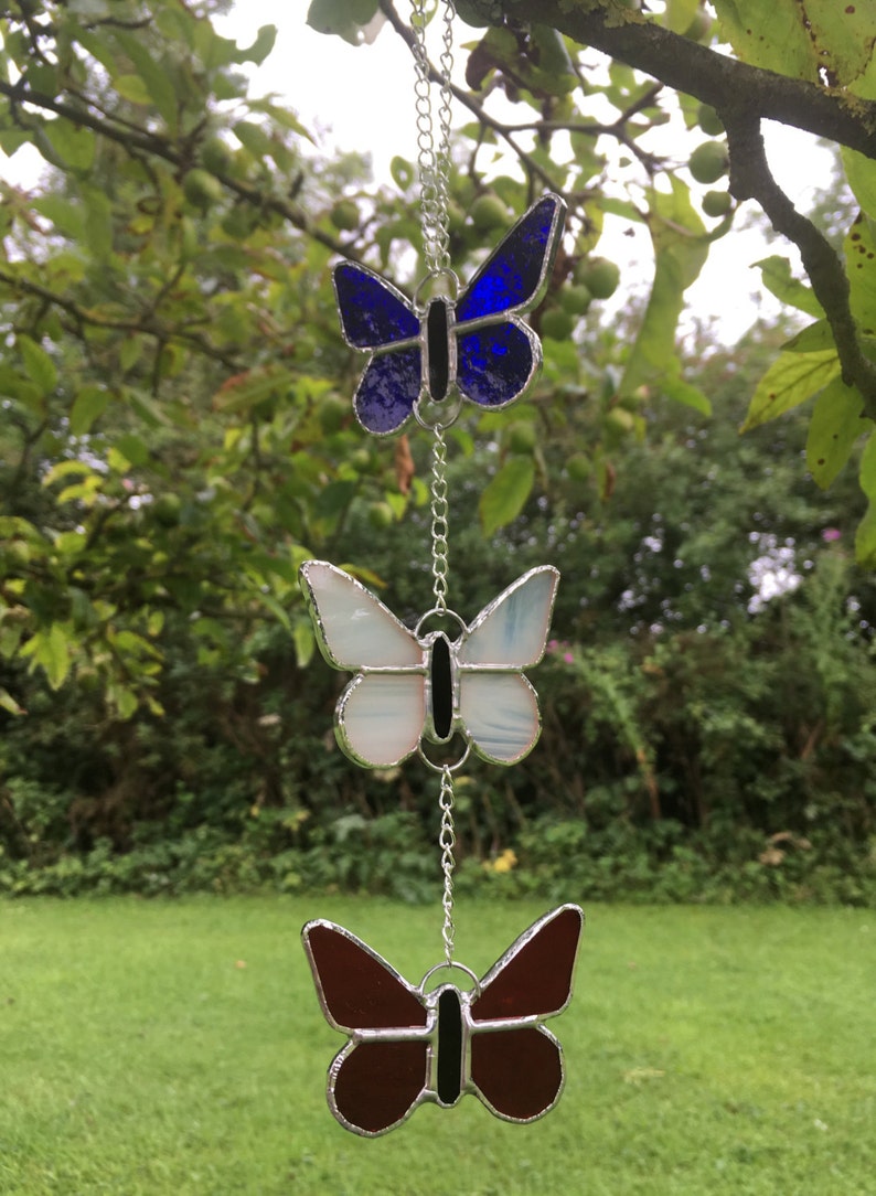 Stained Glass Blue White Red Butterfly Suncatcher Gift Decoration Made By Alice Glass