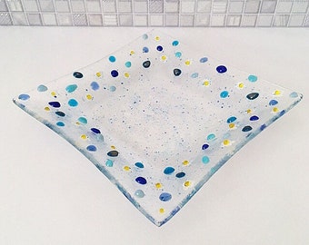 Blue Fused Glass Bowl, Daisy and Blue Stained Glass Dish