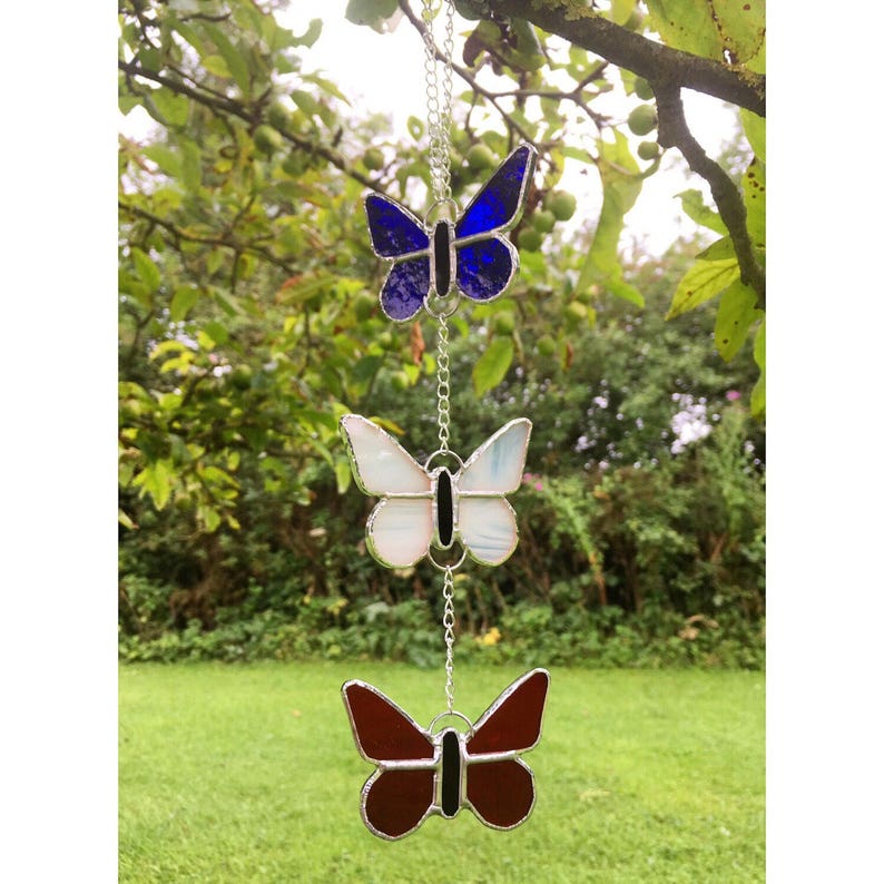 Stained Glass Blue White Red Butterfly Suncatcher Gift Decoration Made By Alice Glass