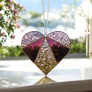 Pink Stain Glass Heart Shaped Window Hangings, Stained Glass Suncatcher Decoration
