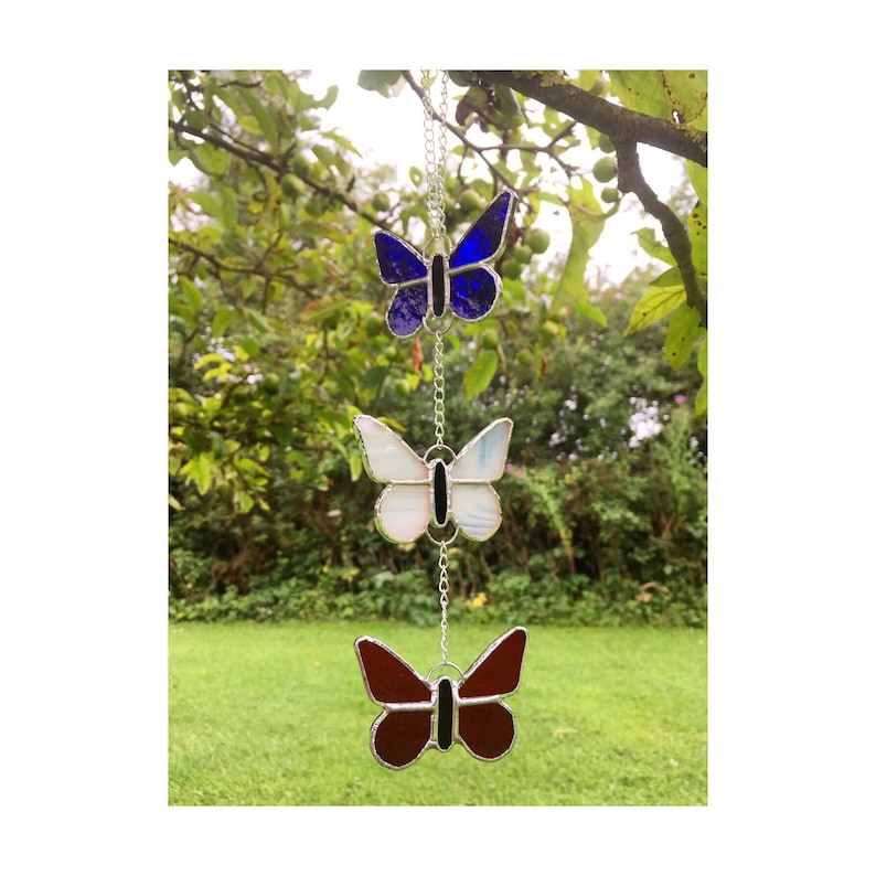 Stained Glass Blue White Red Butterfly Suncatcher Gift Decoration Made By Alice Glass