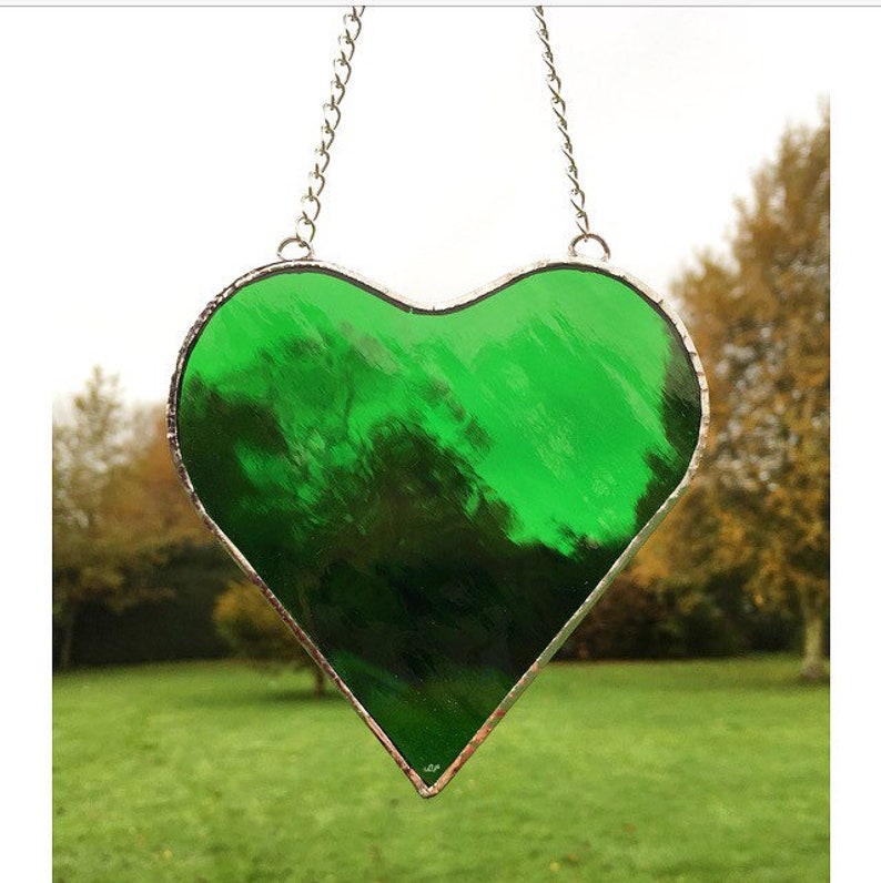 Stained Glass Decoration Made by Alice Stained Glass Art Green Glass Hanging Heart Love Heart Suncatcher