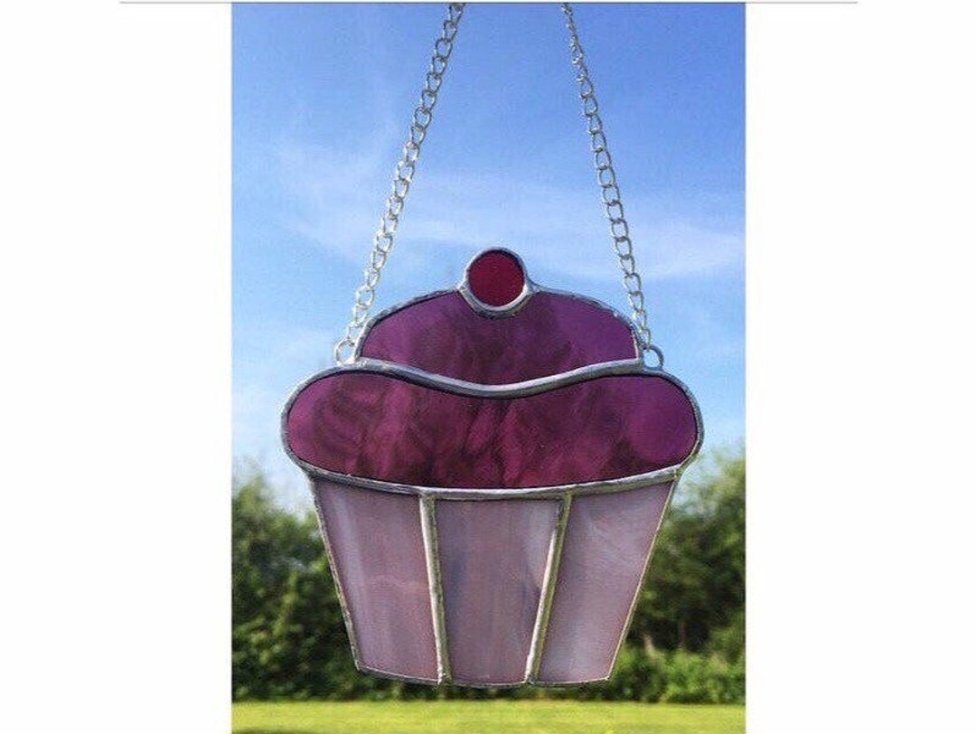 Stained Glass Cupcake Suncatcher, Cafe Decoration, Pink Glass Cupcake
