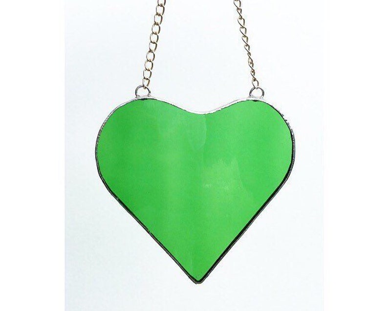 Stained Glass Decoration Made by Alice Stained Glass Art Green Glass Hanging Heart Love Heart Suncatcher