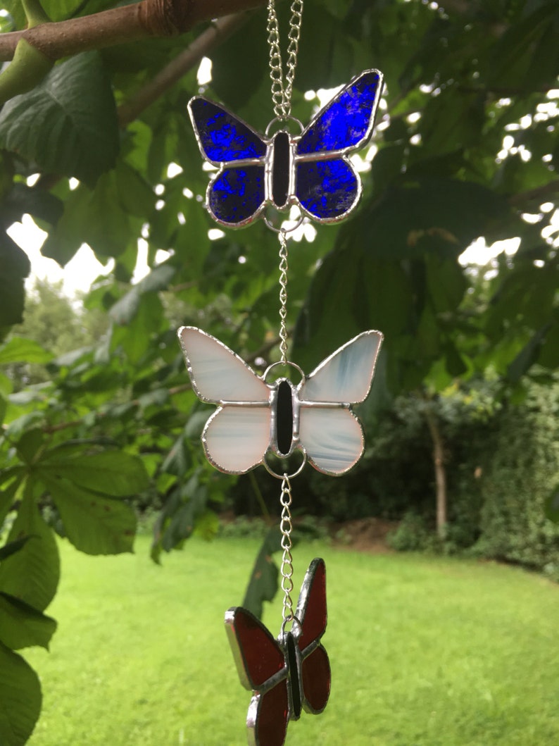 Stained Glass Blue White Red Butterfly Suncatcher Gift Decoration Made By Alice Glass
