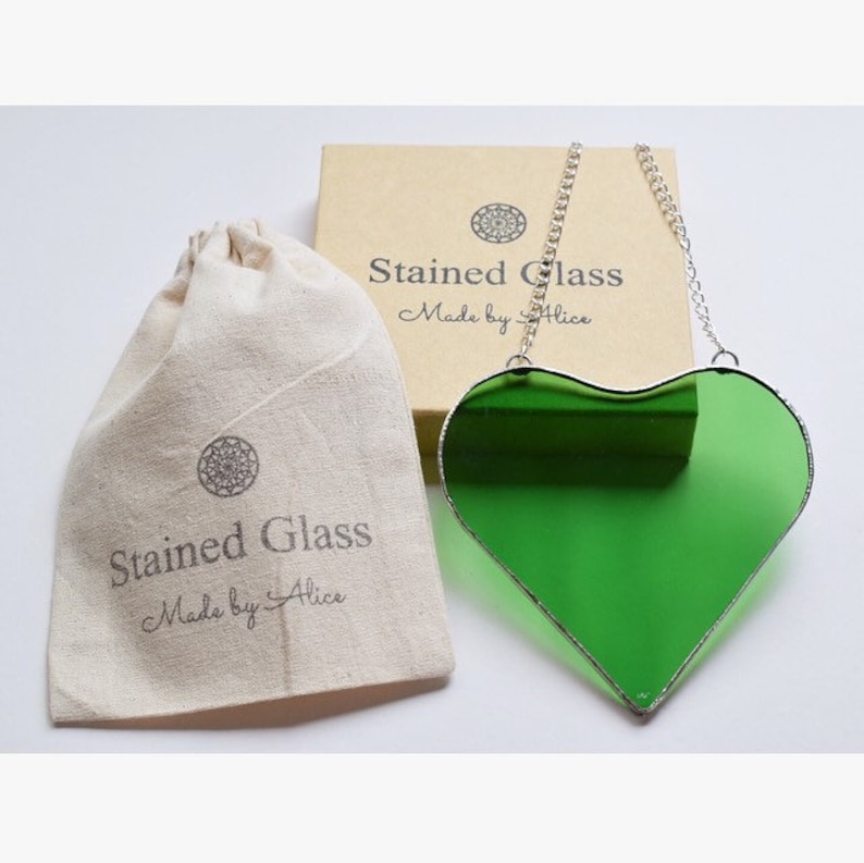 Stained Glass Decoration Made by Alice Stained Glass Art Green Glass Hanging Heart Love Heart Suncatcher