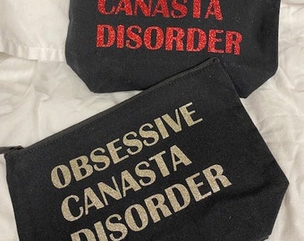 Canasta themed 10" gusseted zip pouch black canvas