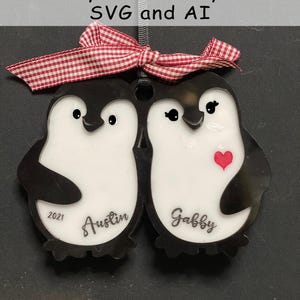 Adorno de pareja de pingüinos, adorno de pingüino cortado con láser Glowforge, archivo láser de adorno de pingüino, descarga digital Adorno de pingüino SVG