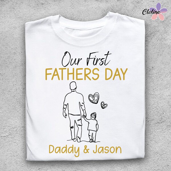 Personalised T Shirt Our First Fathers Day Baby Outfit with Hand Matching T-Shirt Set Perfect Custom Fathers Day Gift for Daddy and Baby