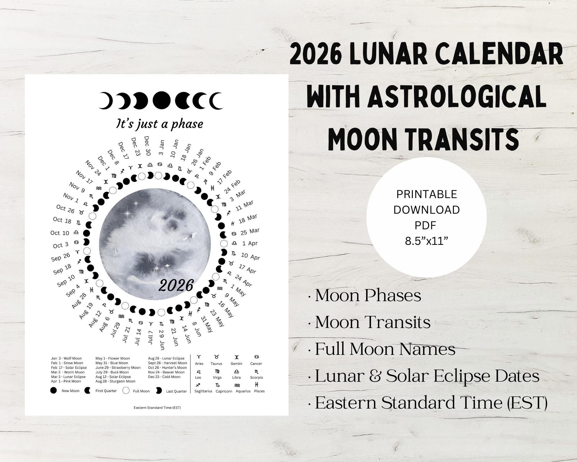 2026 Lunar Calendar, Zodiac Astrology Moon Phases, Astrology