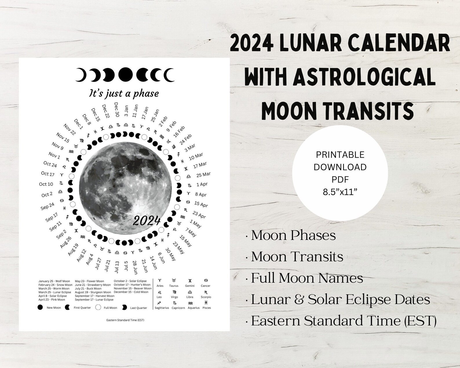 Astrology Moon Phases Calendar Digital Product, Astrology Gifts, Lunar