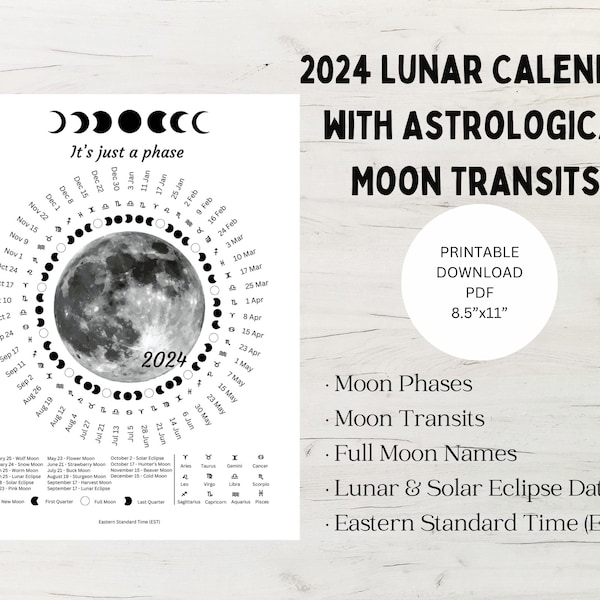 Calendario de fases lunares de astrología Producto digital, Regalos de astrología, Calendario de impresión de luna llena lunar, Eclipse solar, Regalos del zodíaco, Impresión del zodíaco