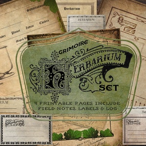 May include: A printable set of four pages for a herbarium, featuring a green label with the text "Grimoire Herbarium Set" and the text "4 Printable Pages Include Field Notes, Labels & Log".