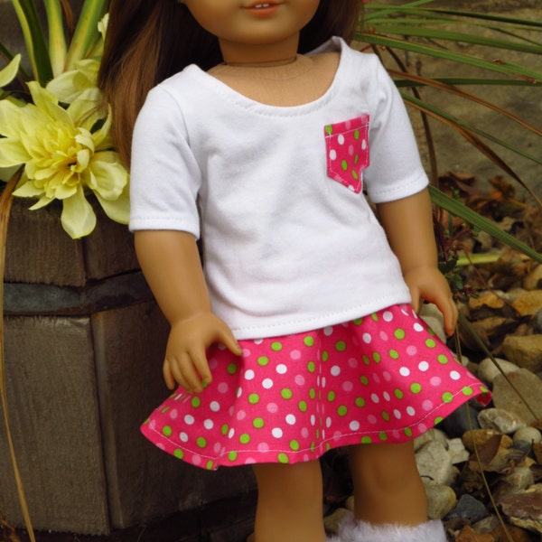 Pink Polka-Dot Skater Skirt and White Top with Matching Pocket Outfit Set  - American Girl Doll Clothes