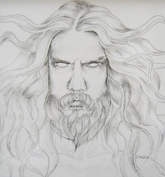 Original Framed Poseidon Ink Illustration Drawing Viking Etsy