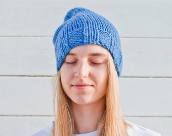 Soft Warm Denim Blue Hand Knitted Chunky Winter Hat for Her and Him