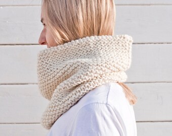 White Hand Knitted Chunky Warm and Soft Snood, Pure Wool Scarf