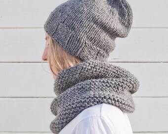 Hand Knit Chunky Wool Hat and Snood Set: Dark Grey Unisex Gift