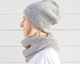 Grey Chunky Warm and Soft Set, Hand Knitted Hat and Snood, Pure Wool Gift