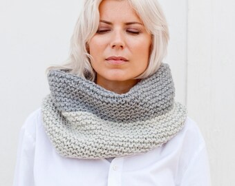 Soft Warm Bicolor Gray Hand Knitted Chunky Snood, Pure Wool Scarf
