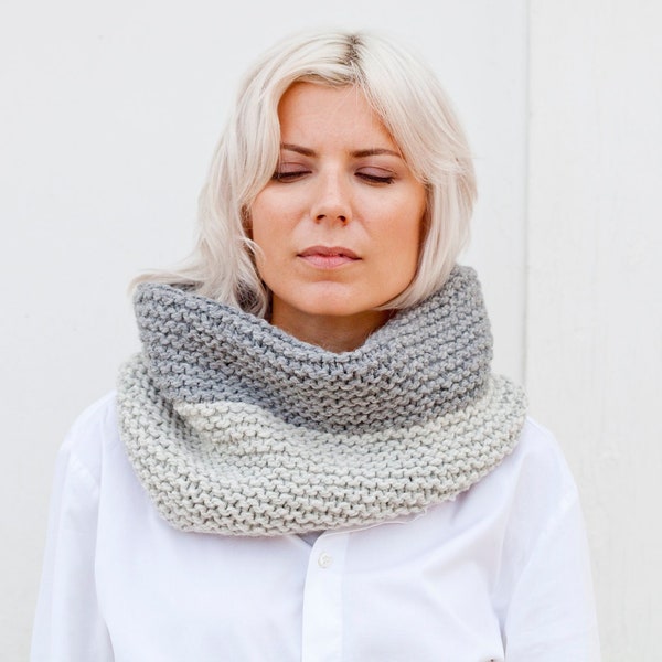 Soft Warm Bicolor Gray Hand Knitted Chunky Snood, Pure Wool Scarf