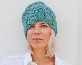 Sea Green Turquoise Hand Knitted Chunky Winter Hat for Her and Him