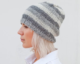 Warm Gray Striped Wool Hand Knitted Chunky Winter Hat for Her and Him