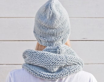 Hand Knitted Wool Hat and Snood Set: Light Green Grey Chunky Scarf