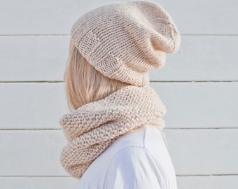 Hand Knit Wool Hat and Snood Set: Light Beige Chunky Scarf
