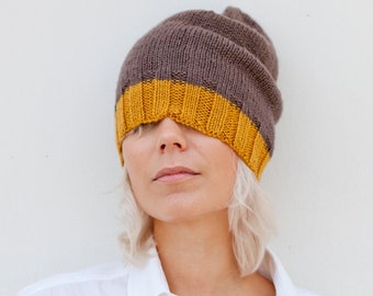 Chocolate Brown and Mustard Hand Knitted Fall Beanie Hat for Woman