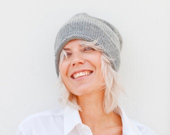 Hand Knitted Gray Pure Wool Fall Beanie Hat for Him or Her