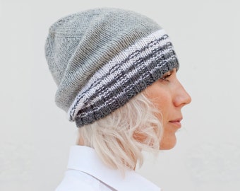 Hand Knit Striped Merino Wool Beanie: Gray & White Unisex Hat