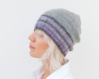 Wool Grey and Purple Striped Knitted Beanie Hat for Him or Her