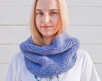 Blue Hand Knitted Chunky Warm and Soft Snood, Pure Wool Scarf