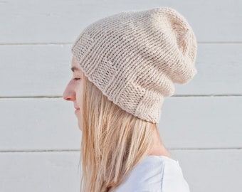 Warm Light Beige Soft Hand Knitted Chunky Winter Hat for Her and Him