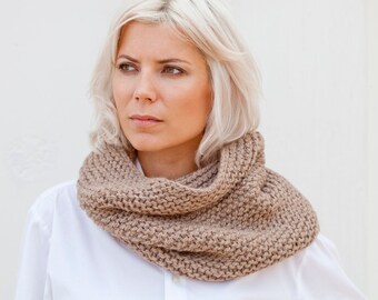 Soft Beige Chunky Warm Winter Hand Knitted Snood, Pure Wool Scarf