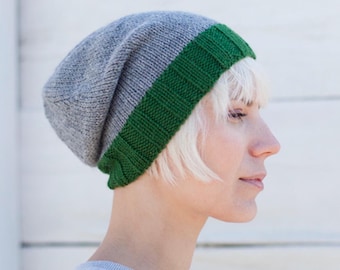Grey and Green Pure Wool Knit Beanie