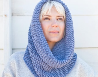 Chunky bleu tricoté main, écharpe en pure laine