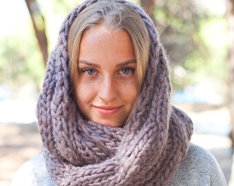 Chunky Brown Hand Knitted Extra Warm Cowl Scarf