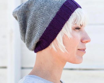 Gray and Purple Knitted Fall Beanie Hat for Her and Him