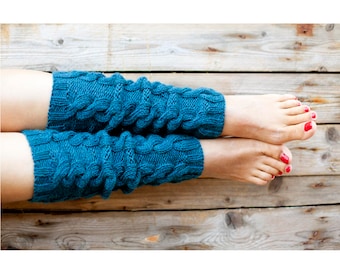 Blue Wool Hand Knitted Womens Leg Warmers