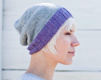 Hand Knit Merino Wool Beanie / Grey & Purple Unisex Hat