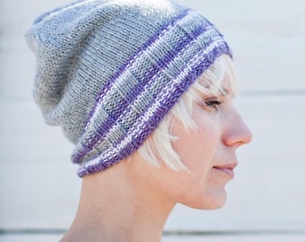 Hand Knitted Merino Wool Beanie: Grey & Purple Striped Winter Hat