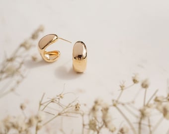 Gold Plated Dome Earrings, 24K Gold Plated Half Hoops, Gold Chunky Earrings, Gold Short Earrings, Stainless Steel Ear studs