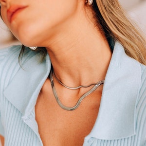 Silver Herringbone Chain, Silver Snake Chain Necklace, Silver Large Chain, Large Flat Chain, Silver Stainless Steel Chain, Layering Necklace image 1