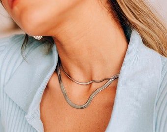 Silver Herringbone Chain, Silver Snake Chain Necklace, Silver Large Chain, Large Flat Chain, Silver Stainless Steel Chain, Layering Necklace
