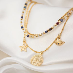 Gold Layered Choker, 24K Gold Plated Necklace, Medallions And Semi-precious Stones Short Necklace image 1