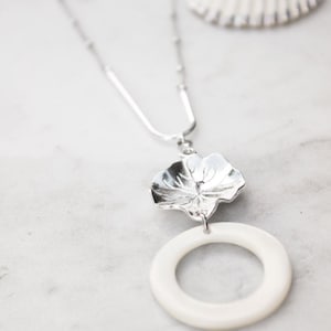 Long Silver Necklace, Sterling Silver Plated Flower Pendant, Necklace with Nacre Mother of Pearl, Bohemian Necklace image 1