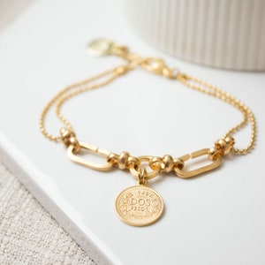 Gold Thick Links Bracelet, Gold Coin Pendant, 24K Gold Plated Bracelet, Gold Cable Chain Bracelet, Gold Medallion Bracelet