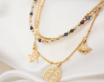 Gold Layered Choker, 24K Gold Plated Necklace, Medallions And Semi-precious Stones Short Necklace